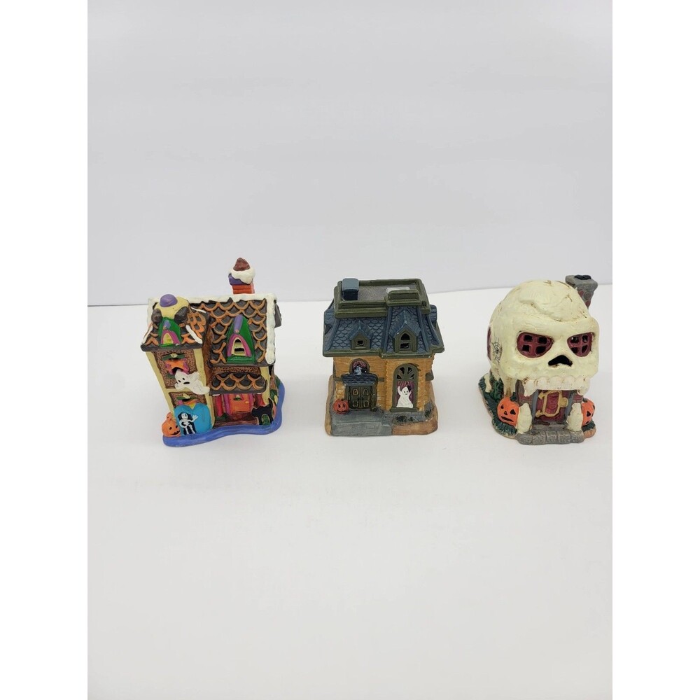 Vintage Halloween Ceramic House Set of 3 Spooky Haunted 4.5x3" Skull Ghost